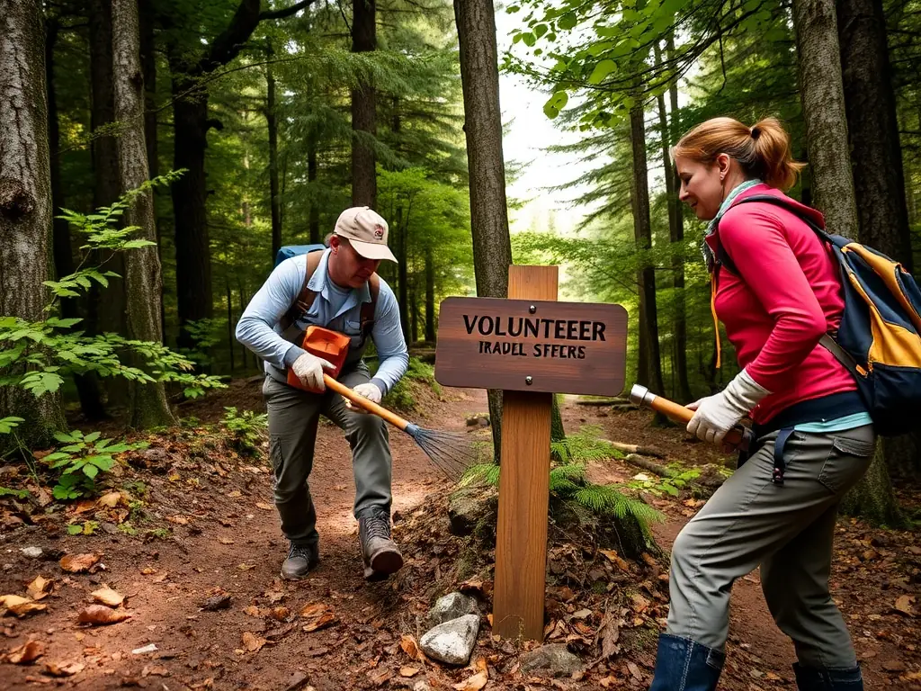 Volunteers working on a hiking trail, clearing debris and repairing signage, demonstrating the club's commitment to maintaining safe and sustainable access to the trails.
