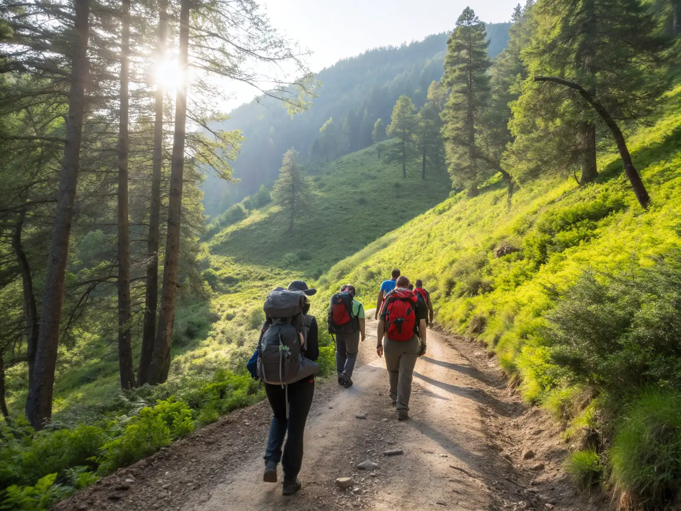 A group of hikers traversing a mountain trail in Aspres-sur-Buëch, with a clear blue sky and lush greenery in the background, showcasing the beauty of the region and the club's guided hiking tours.