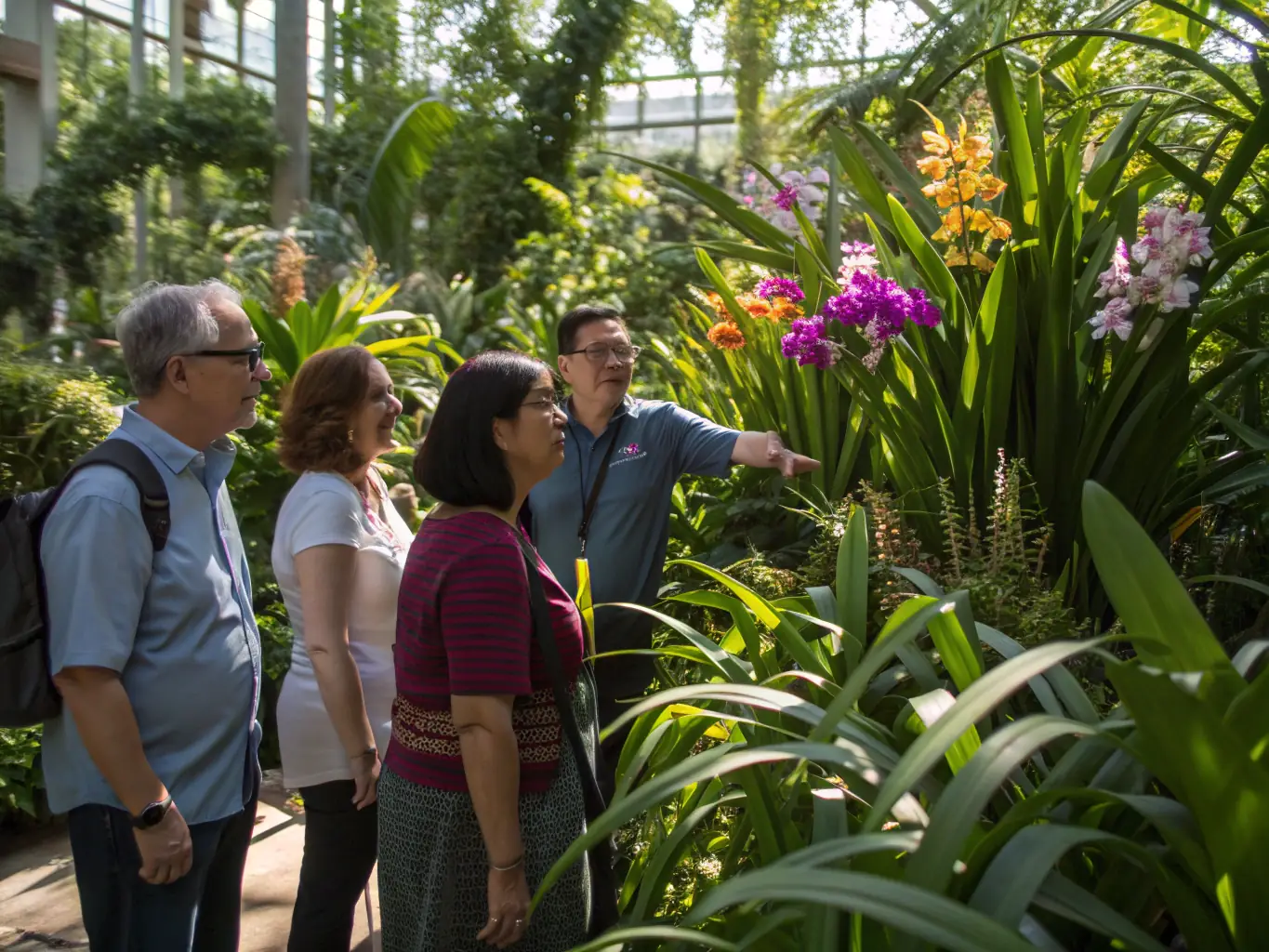 Participants in an outdoor workshop learning about trail ecology and sustainable hiking practices, with an instructor pointing out different plant species and explaining their role in the ecosystem.